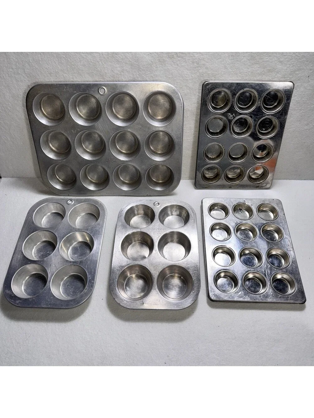 Vintage Aluminum Muffin Tin Lot Mirro TALA Chilton Mini Cupcake Popover Pans 5pc